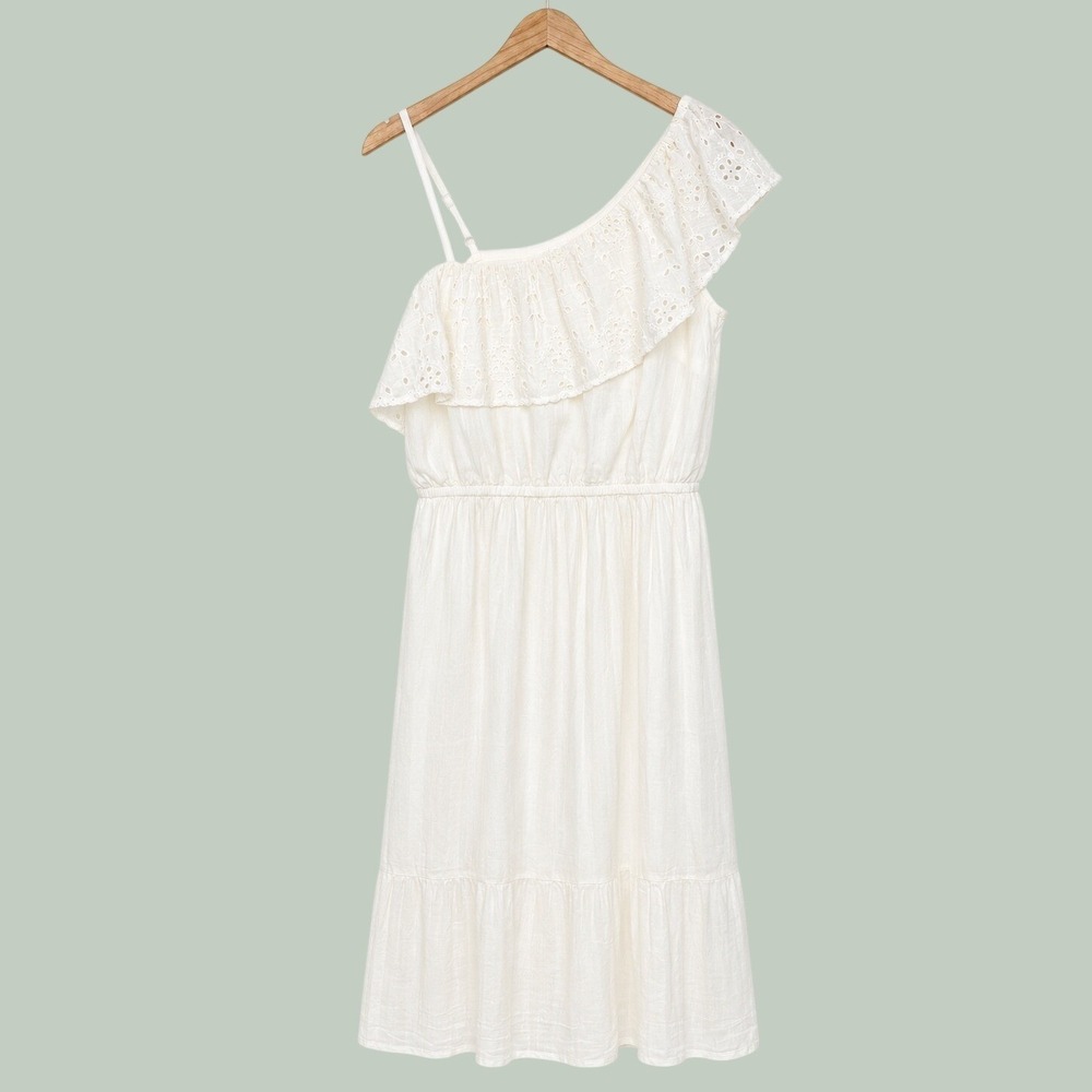 Old Navy Eyelet Lace Off White Dress Size M One Shoulder Beachy Resort Western